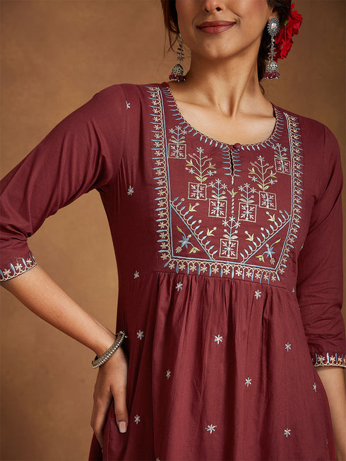 Janasya Women's Maroon Pure Cotton Embroidered A-line Kurta With Pant Set
